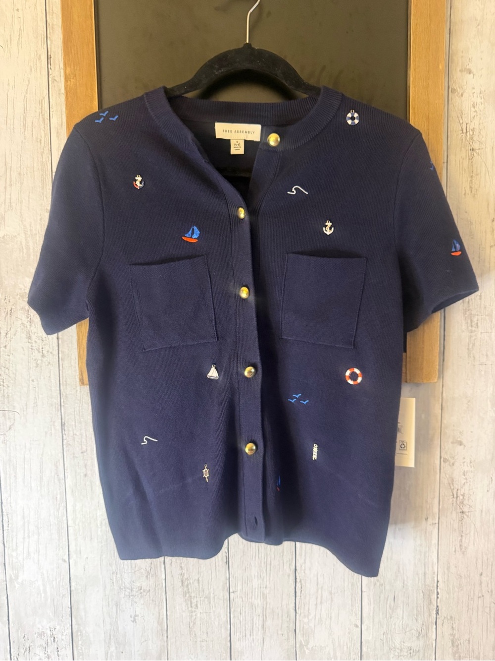 NWT Free Assembly S 4-6 Nautical Navy Short Sleeve Button Sweater